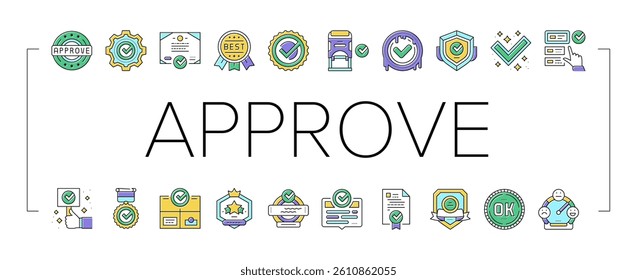 Quality Approve Mark And Medal Icons Set Vector. Product Quality Approve Certificate Document With Checkmark And Stamp Of Guarantee. Service Successful Check And Analysis Color Illustrations