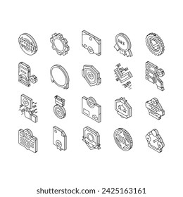 Conjunto de iconos isométricos de marca y medalla de aprobación de calidad. Certificado De Calidad Del Producto Aprobar Documento Con Marca De Verificación Y Sello De Garantía. Comprobación Y Análisis De Color Correctos Del Servicio