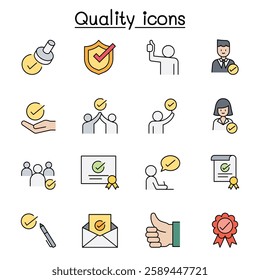 Quality, Approved, Check mark icon set in color line style
