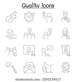 Quality, Approved, Check mark icon set in thin line style