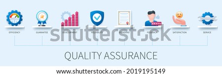 Quality assurance banner with icons. Efficiency, guarantee, development, reliability, standard, feedback, satisfaction, service icons. Web vector infographic in 3D style