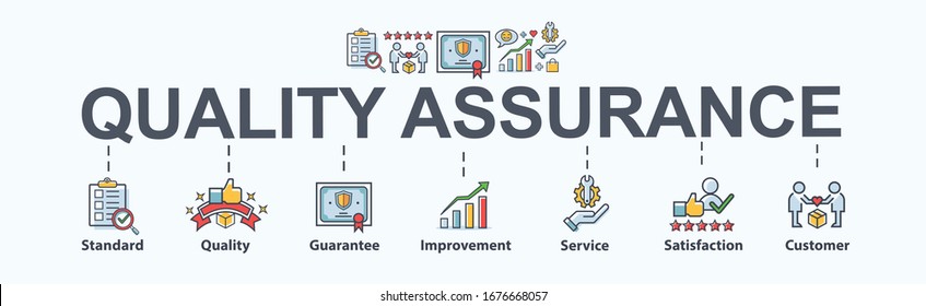 Quality assurance banner web icon for Business and industry, standard, quality, guarantee, service, improvement, satisfaction and customer. Minimal vector cartoon infographic.