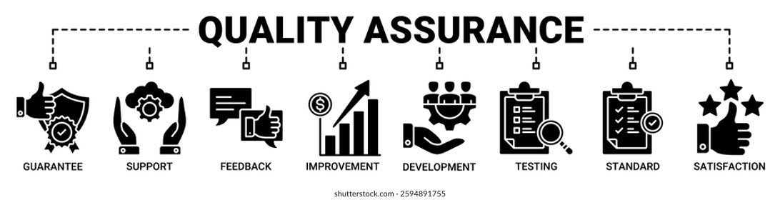 Quality assurance banner web icon vector illustration concept with icon of guarantee, support, feedback, improvement, development, testing, standard, and satisfaction icons solid color symbol.