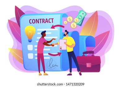 Quality assurance. Business deal. Guarantee certificate. Licensing contract, intellectual property agreement, electronic copy sales concept. Bright vibrant violet vector isolated illustration