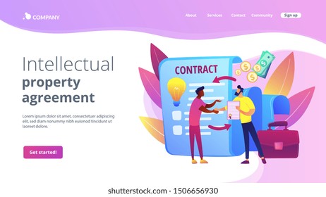 Quality assurance. Business deal. Guarantee certificate. Licensing contract, intellectual property agreement, electronic copy sales concept. Website homepage landing web page template.