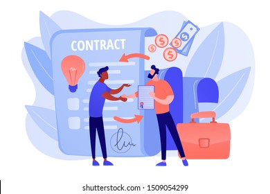 Quality assurance. Business deal. Guarantee certificate. Licensing contract, intellectual property agreement, electronic copy sales concept. Living coral blue vector isolated illustration