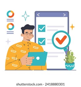 Quality Assurance concept. Expert with clipboard checking off completed tasks, ensuring high standards. Process optimization and project management focus. Flat vector illustration