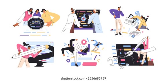 Quality assurance concept set. QA engineers, testers check errors, mistakes, testing computer software. Programmers do code review, fix bugs. Flat isolated vector illustrations on white background