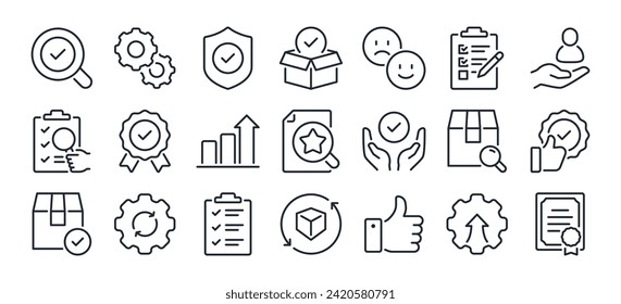 Quality assurance and control editable stroke outline icons set isolated on white background flat vector illustration. Pixel perfect. 64 x 64.