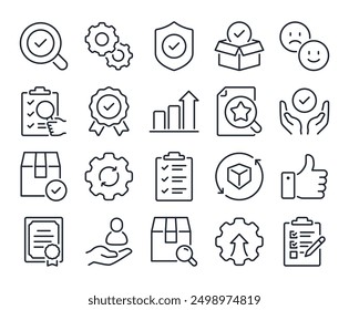 Iconos editables del contorno del movimiento del control y de la garantía de calidad fijados aislados en la Ilustración vectorial plana del fondo blanco. Píxel perfecto. 64 x 64