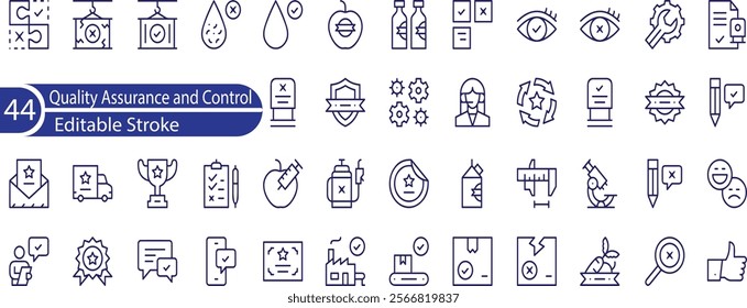 Quality assurance and control editable stroke outline icons set isolated on white background flat vector illustration