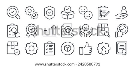 Quality assurance and control editable stroke outline icons set isolated on white background flat vector illustration. Pixel perfect. 64 x 64.