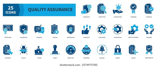 Quality Assurance Icon Collection Set. Containing  guarantee, satisfaction, standard, certificate, verification, integration, quality control, good quality Icon. Simple Flat Vector. Blue Color Style