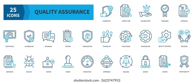 Quality Assurance Icon Collection Set. Containing Guarantee, Satisfaction, Standard, Certificate, Verification, Integration, Quality Control, Good Quality Icon. Dualtone Outline Style