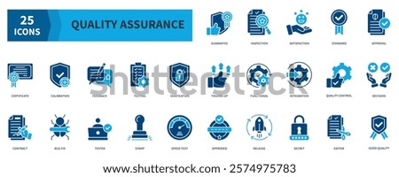 Quality Assurance Icon Collection Set. Containing  guarantee, satisfaction, standard, certificate, verification, integration, quality control, good quality Icon. Simple Flat Vector. Blue Color Style