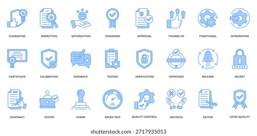 Quality Assurance icon set. Containing guarantee, satisfaction, standard, certificate, verification, integration, quality control, good quality icon. Lineal blue style