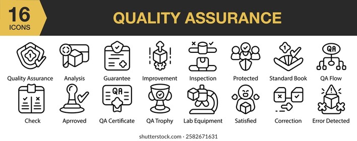 Quality Assurance icon set. Includes management, service, quality, guarantee, control, and More. Outline icons vector collection.