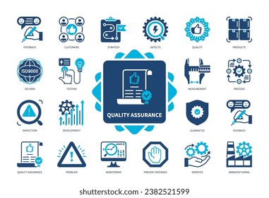 Symbol-Set für die Qualitätssicherung. Überwachung, Inspektion, Rückmeldung, Garantie, Herstellung, Defekte, Entwicklung, Prüfung. Duotone-Farbsymbole