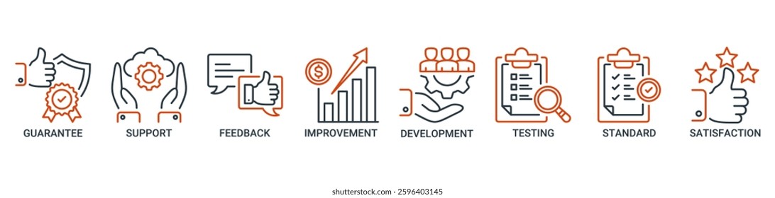 Quality assurance icon set. Vector illustration concept with icon of guarantee, support, feedback, improvement, development, testing, standard, and satisfaction icons. Outline vector symbol background