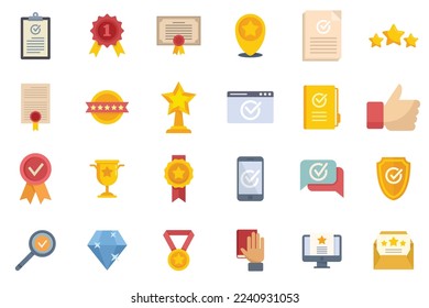 Iconos de garantía de calidad configuran un vector plano. Examen de certificado. Aislamiento del cumplimiento de la universidad