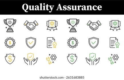 Quality Assurance Icons Set – Handshake, Trophy, Certificate, Shield, Gear, Dollar Sign, Wrench, Award Symbols in Line Art Style isolated on white background
