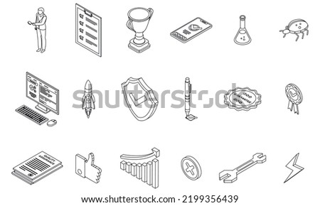 Quality assurance icons set. Isometric set of quality assurance vector icons outline thin lne isolated on white