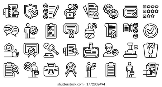 Quality assurance icons set. Outline set of quality assurance vector icons for web design isolated on white background