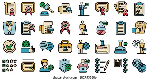 Quality assurance icons set. Outline set of quality assurance vector icons thin line color flat on white