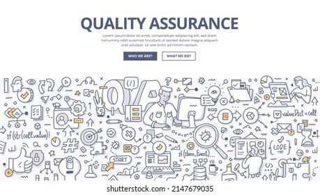 Quality assurance information technology concept. Detecting and preventing mistakes and bugs in software development. Testing process to fulfill quality requirements.  Doodle vector illustration