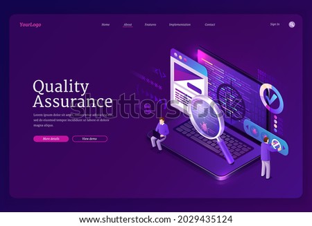 Quality assurance isometric landing page. Tiny characters fixing bugs on huge pc. Qa software development for digital device. Process of optimization, debugging program or code, 3d vector web banner