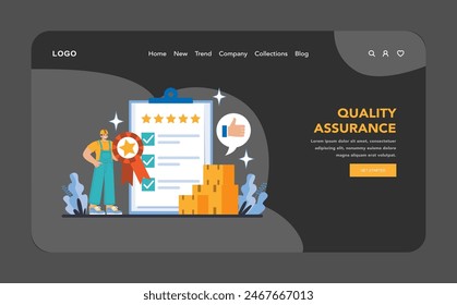 Quality Assurance night or dark mode web or landing page. Upholding high standards with thorough checklists. Recognition of excellence in product testing. Customer satisfaction guaranteed.