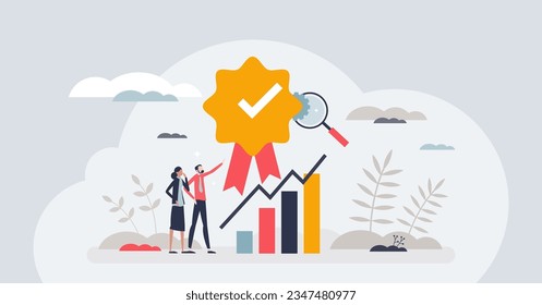 Quality assurance or performance tracking for development tiny person concept. Business growth guarantee with sales control and efficiency measurement vector illustration. Leadership approval check.