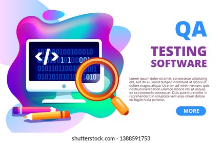 Quality assurance, product testing, QA, concept banner. IT software testing application landing pate template. Programming, coding, debugging, Software API prototyping. Question and answer. 