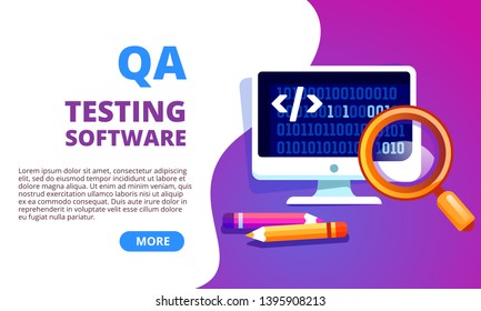 Quality assurance, product testing, QA, concept banner. IT software testing application landing pate template. Programming, coding, debugging, Software API prototyping.