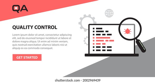 Garantía de calidad, prueba de productos, QA, banner web. plantilla de tabla de aterrizaje de aplicación de prueba de software de TI. Programación, codificación, depuración, prototipado de API de software.