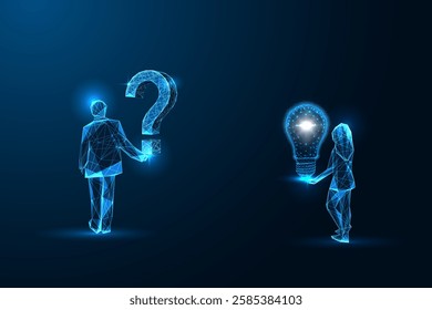 Quality Assurance QA concept with man holding question mark and woman holding glowing light bulb. Abstract wireframe design on dark blue background. Problem-solving, and solutions. Vector illustration