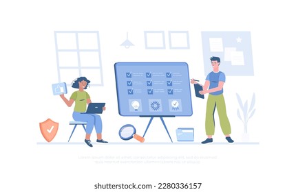 Quality Assurance QA Quality control, Best standard, product satisfaction. Software testing. Cartoon modern flat vector illustration for banner, website design, landing page.	
