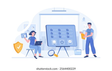 Quality Assurance QA Quality control, Best standard, product satisfaction. Software testing. Vector illustration with characters in flat design for web banner.	
