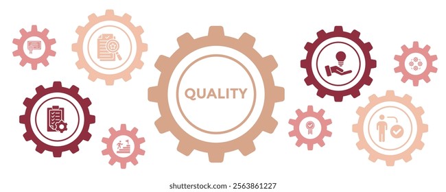 QUALITY ASSURANCE AND STANDARD Banner Vector Concept Featuring Icons for Audits, ISO Standards, Process Optimization, and Solutions