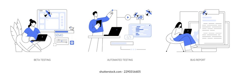 Quality assurance team abstract concept vector illustration set. Beta testing, automated testing, bug report, app development, demo version of software, IT company worker abstract metaphor.