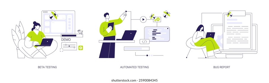 Quality assurance team abstract concept vector illustration set. Beta testing, automated testing, bug report, app development, demo version of software, IT company worker abstract metaphor.