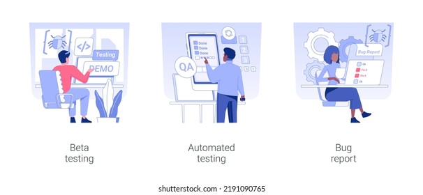 Quality Assurance Team Isolated Concept Vector Illustration Set. Beta Testing, Automated Testing, Bug Report, App Development, Demo Version Of Software, IT Company Worker Vector Cartoon.