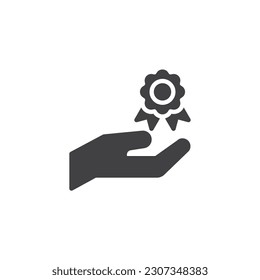 Quality assurance vector icon. filled flat sign for mobile concept and web design. Hand and award badge glyph icon. Symbol, logo illustration. Vector graphics