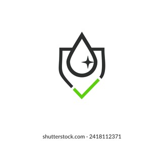 Quality assurance vector logo, guaranteed purity, health and clarity. Image of shield and water droplets. depicts purity