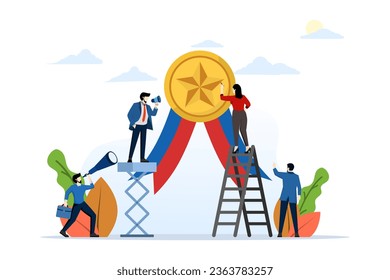 concepto de medalla vectorial de garantía de calidad con estrellas y cinta. Icono de ilustración vectorial medalla gráfica, trabajo en equipo de personas de alta calidad. mejor premio al empleado. control de calidad.