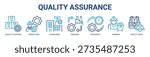 Quality Assurance web banner icon vector illustration concept with icon of quality control, inspection, standards, process, efficiency, worker, and safety gear.