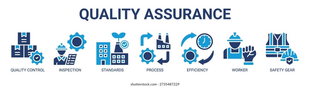 Quality Assurance web banner icon vector illustration concept with icon of quality control, inspection, standards, process, efficiency, worker, and safety gear.