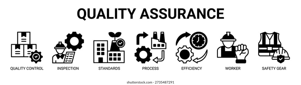 Quality Assurance web banner icon vector illustration concept with icon of quality control, inspection, standards, process, efficiency, worker, and safety gear.