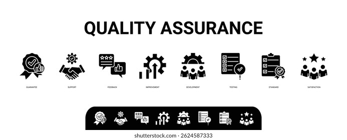 garantia de qualidade ícone web conjunto vetor ilustração conceito com ícone de garantia, suporte, feedback, melhoria, desenvolvimento, teste, padrão, satisfação