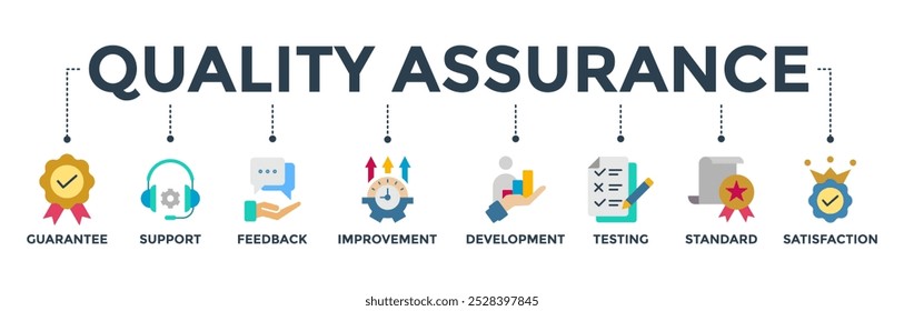 Quality assurance web icon vector illustration concept with icon of guarantee, support, feedback, improvement, development, testing, standard, and satisfaction
